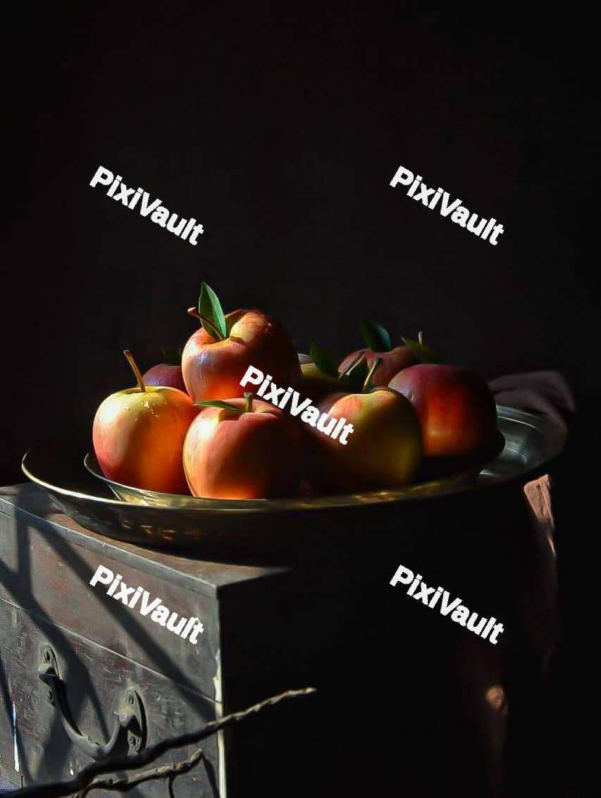 Red apple in a brass bowl